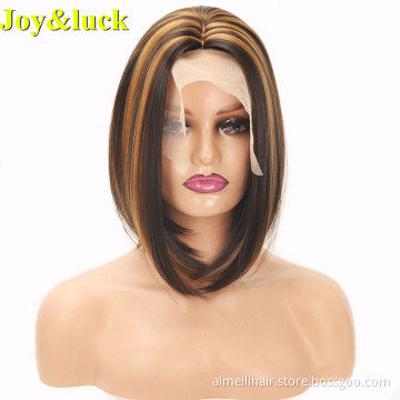 Brown Highlight Blonde Front Lace Wholesale Price Wigs For Women Natural Straight Short Bob Cut Lace Front Synthetic Ladies Hair